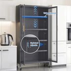 65" Kitchen Pantry Storage Cabinet, 6 Tier Metal Display Storage Cabinet with Transparent Door, Adjustable Shelves & Wheels, Food Pantries Cabinets, for Kitchen, Living Room and Dining Room, Gray