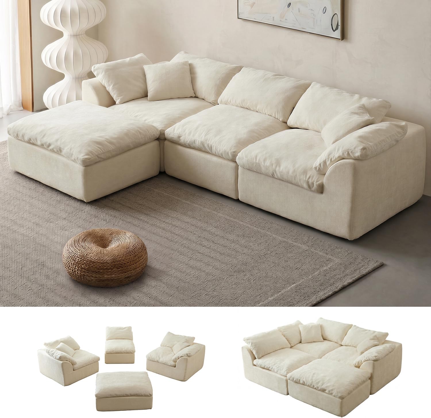 Oversized Cloud Couch Sectional Sofa for Living Room, Modular L Shaped Boneless Chenille Sofa with Chaise Lounge, Deep Seat Convertible Couch, Compressed No Assembly Floor Sofa (White)