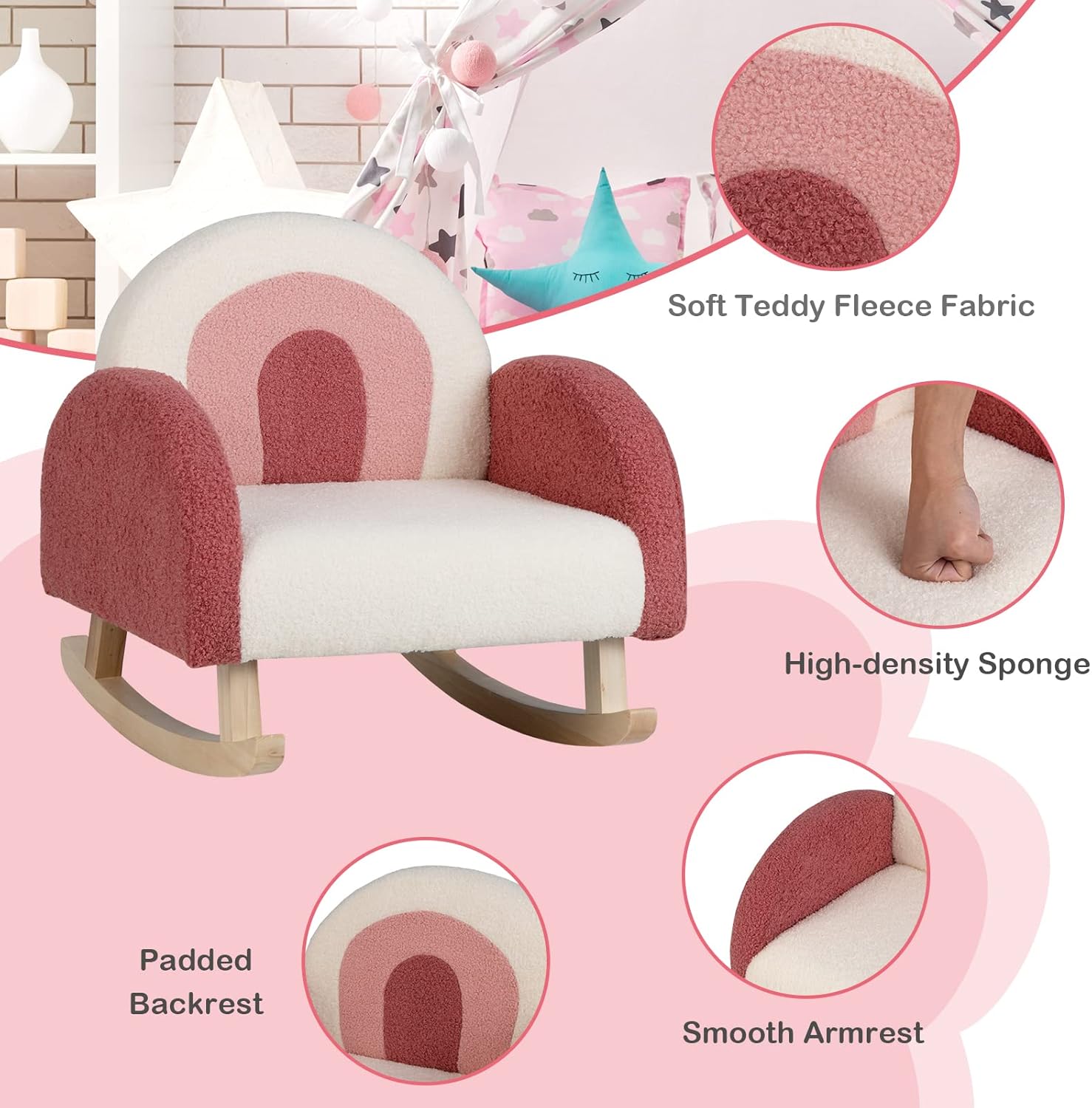 Costzon Kids Sofa, Toddler Rocking Chair w/Solid Wood Frames, Plush Fabric, Anti-Tip Design for Kids Room, Nursery, Playroom, Preschool, Birthday Gift for Boys Girls, Toddler Furniture Armchair, Red