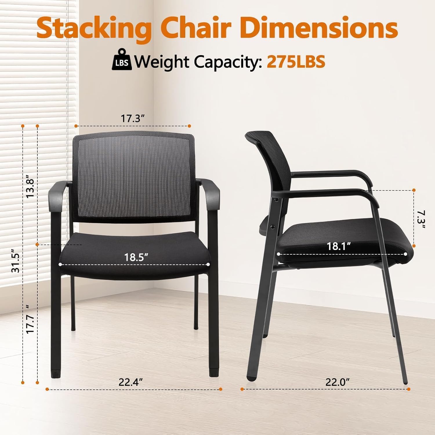 CLATINA No Wheels Conference Room Chairs Set of 8, Stackable Office Guest Reception Chair with Armrests, Mesh Back Waiting Room Chairs for Office, School, Lobby, Church, Black