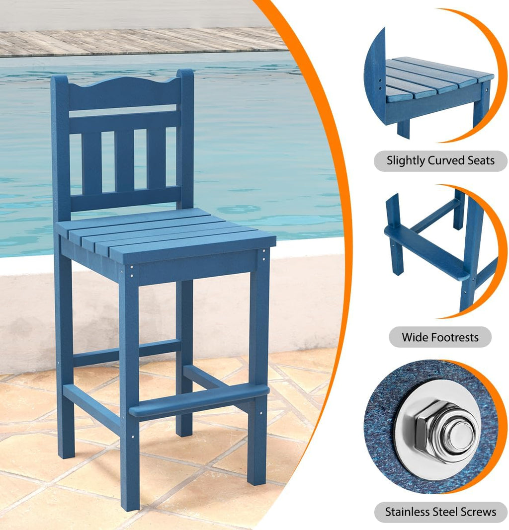 Sundale Outdoor Tall Adirondack Bar Chair Set of 4, HDPE Patio Stools with Backrest, 27.5 Inch Seat Height Tall Bistro Dining Counter Stool, All-Weather Pub Height Chair (Blue, 4 Bar Stools)
