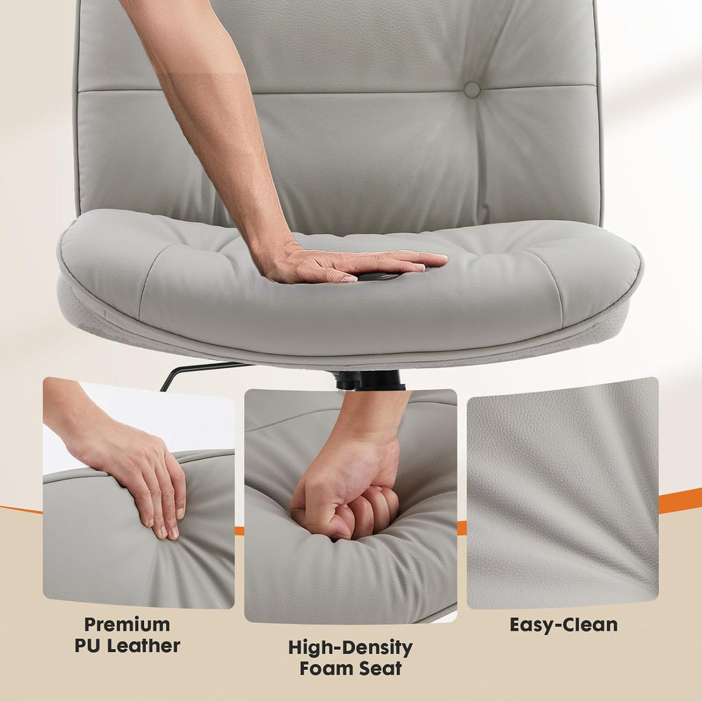 Sweetcrispy Criss Cross Chair with Wheels, Wide Seat PU Leather Armless Office Desk Vanity Chair, Comfortable Adjustable Swivel Computer Task Chairs for Bedroom, Small Space Make Up, Grey