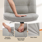 Sweetcrispy Criss Cross Chair with Wheels, Wide Seat PU Leather Armless Office Desk Vanity Chair, Comfortable Adjustable Swivel Computer Task Chairs for Bedroom, Small Space Make Up, Grey