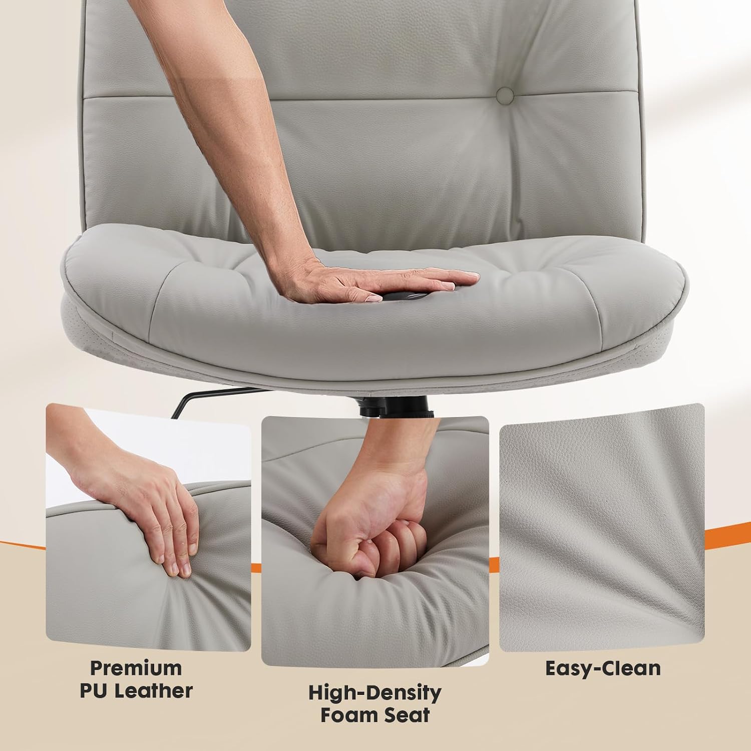 Sweetcrispy Criss Cross Chair with Wheels, Wide Seat PU Leather Armless Office Desk Vanity Chair, Comfortable Adjustable Swivel Computer Task Chairs for Bedroom, Small Space Make Up, Grey