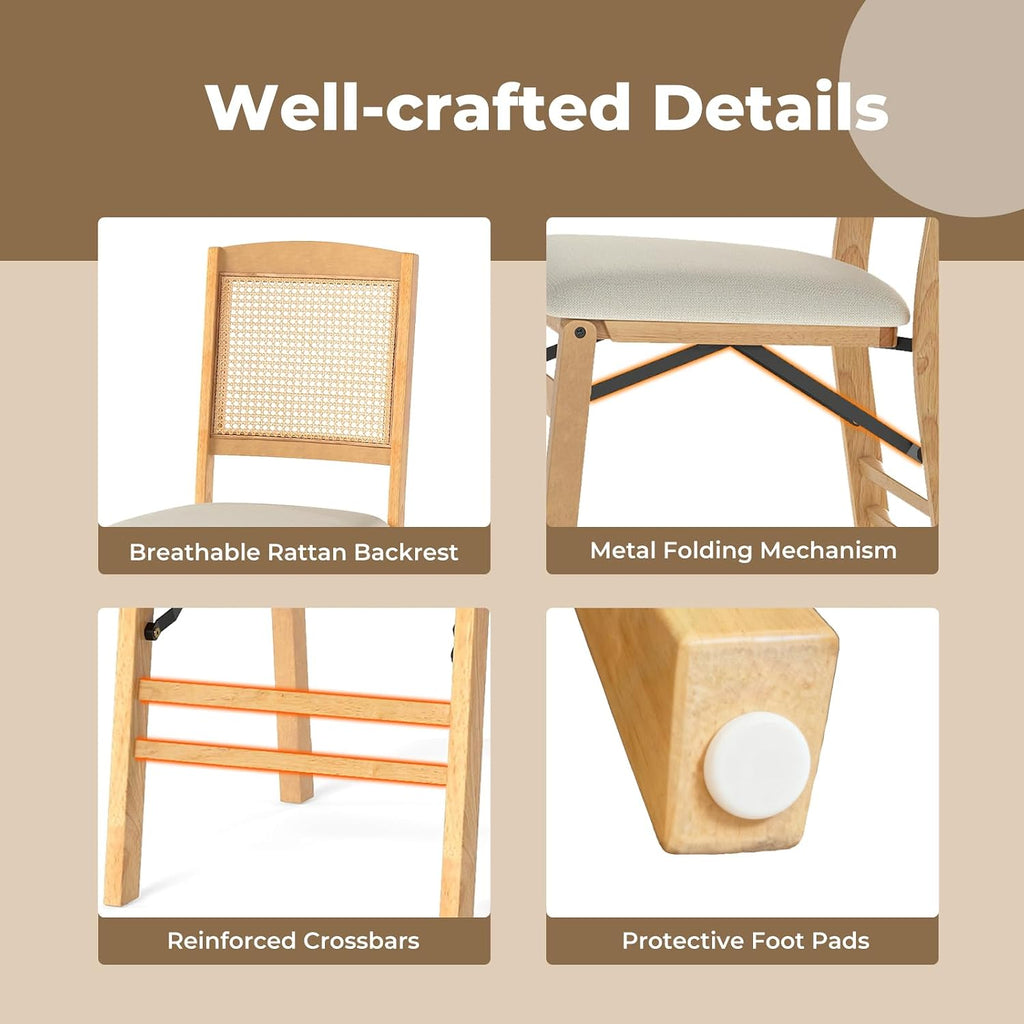 HAPPYGRILL Folding Dining Chairs Set of 2, Wood Kitchen Chair with Rattan Backrest & Padded Seat, Foldable Armless Side Chairs Set for Dining Room, Living Room, No Assembly (2, Natural & Beige)
