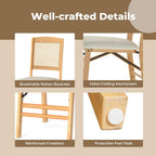 HAPPYGRILL Folding Dining Chairs Set of 2, Wood Kitchen Chair with Rattan Backrest & Padded Seat, Foldable Armless Side Chairs Set for Dining Room, Living Room, No Assembly (2, Natural & Beige)