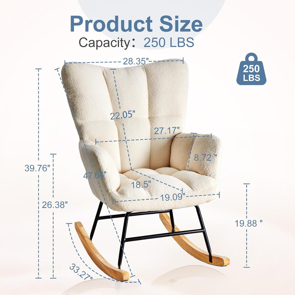Nursery Rocking Chair, Teddy Upholstered Glider Rocker with High Backrest & Thick Cushion, Tufted Accent Armchair with Wood Legs, Comfy Reading Chair for Living Room Bedroom Office, Beige