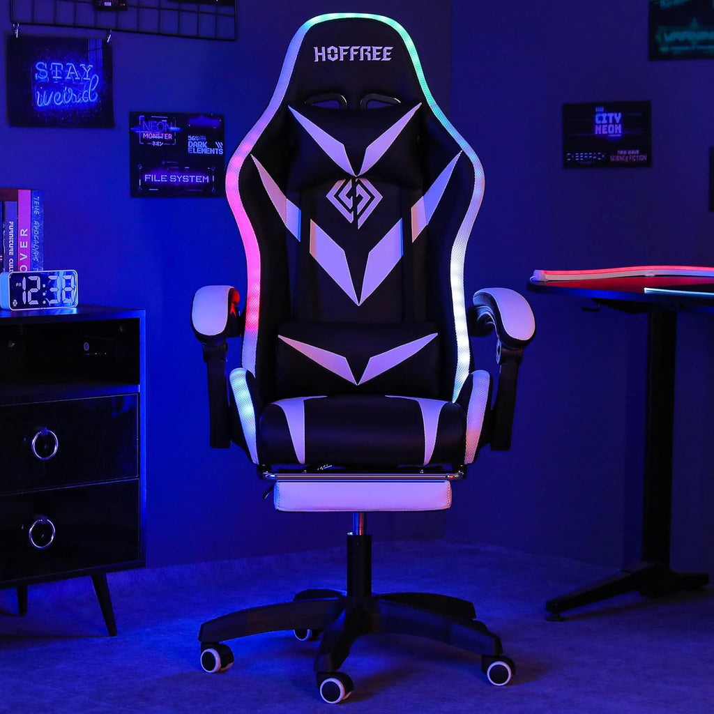 HOFFREE Gaming Chair Massage with Bluetooth Speakers and Led Lights Ergonomic Computer Gaming Chair with Footrest RGB Video Game Chair with High Back Lumbar Support White and Black