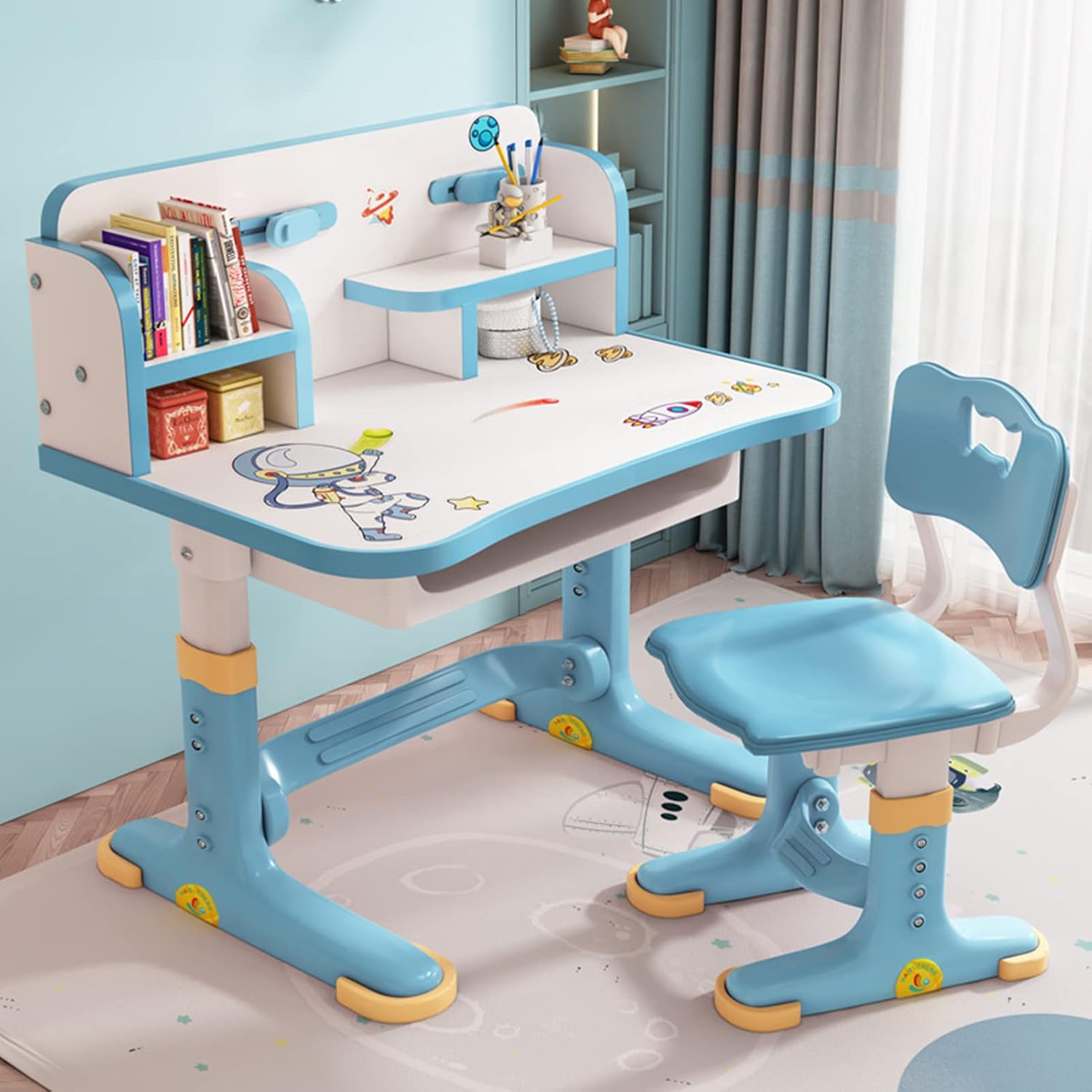 Kids Desk and Chair Set, Height Adjustable Sturdy, Kids Art Desk, Kids Study Desk and Chair Set for Boys, Home School, Drafting Desk, Ergonomic Childrens Storage Drawer (Blue)