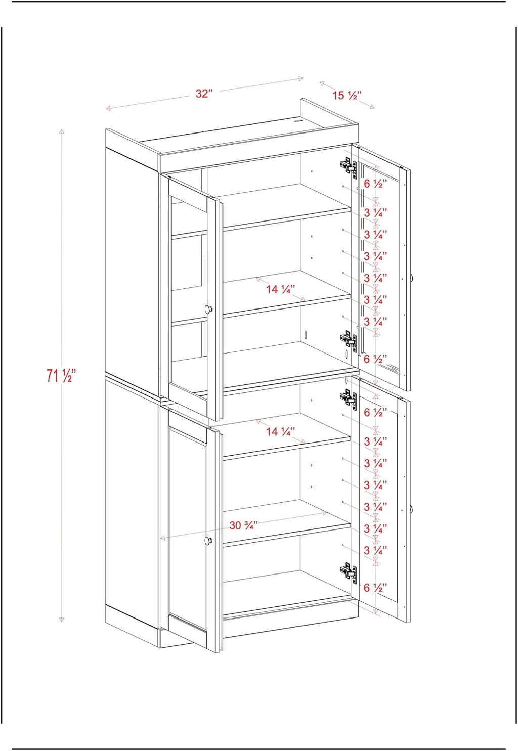 Palace Imports 100% Solid Wood 32"" Pantry Cabinet with Raised Panel, Clear Glass Doors & Adjustable Shelves