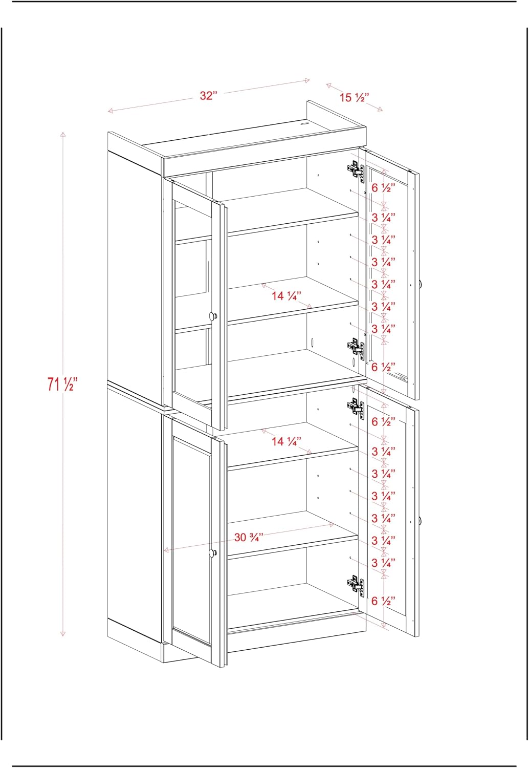 Palace Imports 100% Solid Wood 32"" Pantry Cabinet with Raised Panel, Clear Glass Doors & Adjustable Shelves