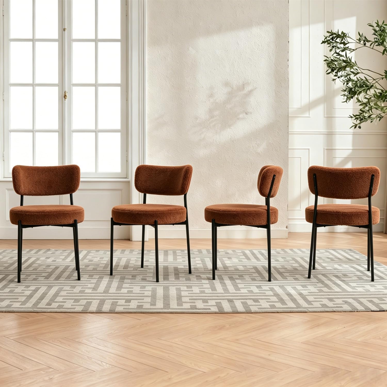 Brown Boucle Dining Chairs Set of 4, Modern Dining Room Chair with Larger Curved Backrest & Sturdy Metal Legs, Sturdy Construction Round Upholstered Dining Chairs for Kitchen, Living Room