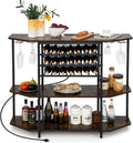 COSTWAY Wine Bar Cabinet, 3-Tier Liquor Cabinet with Power Outlets, Wine Bottle Racks, Glass Holders, Coffee Bar Cabinet, Freestanding Mini Bar Table for Kitchen, Dining Room, Pub (Rustic Brown)