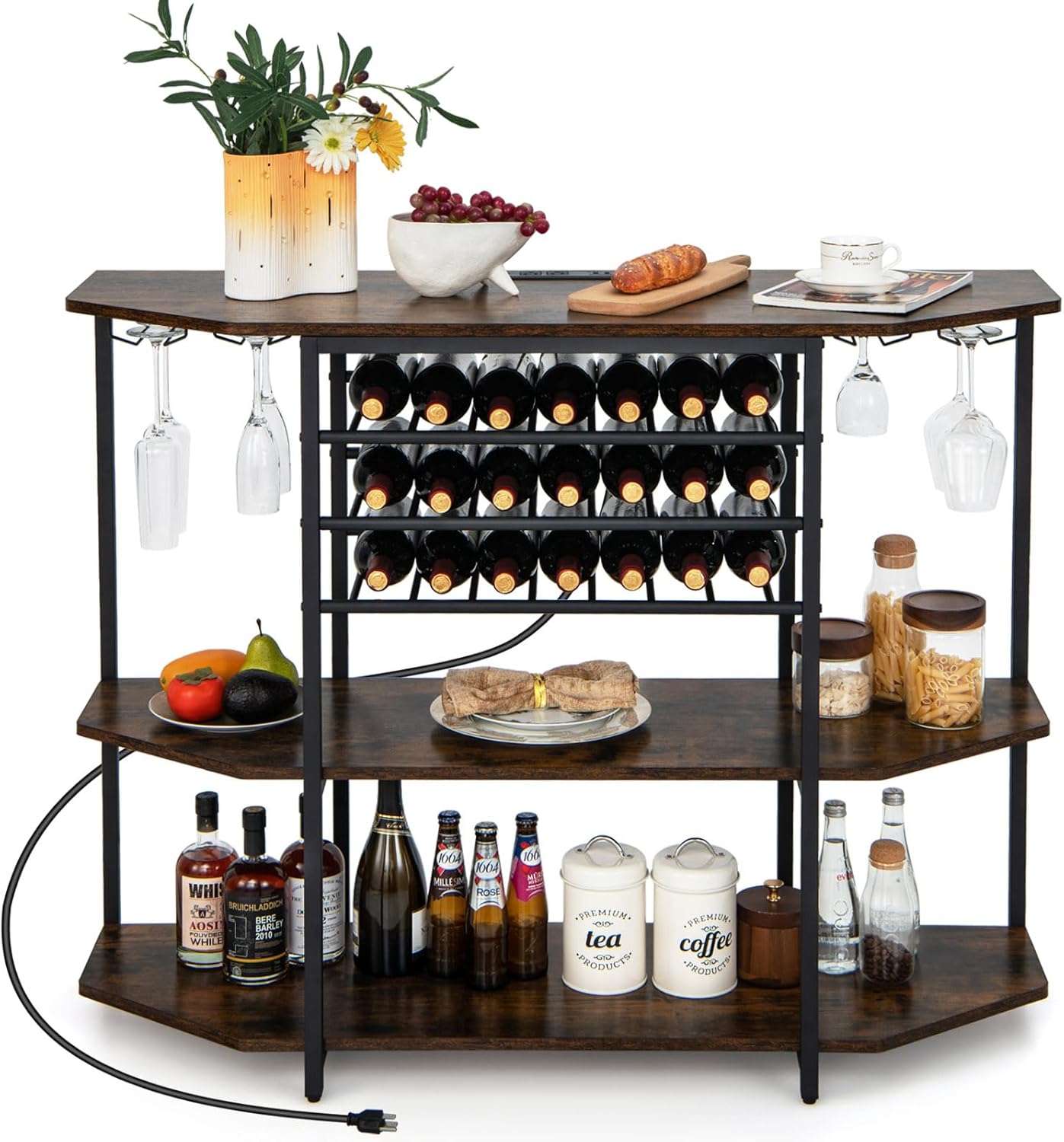 COSTWAY Wine Bar Cabinet, 3-Tier Liquor Cabinet with Power Outlets, Wine Bottle Racks, Glass Holders, Coffee Bar Cabinet, Freestanding Mini Bar Table for Kitchen, Dining Room, Pub (Rustic Brown)