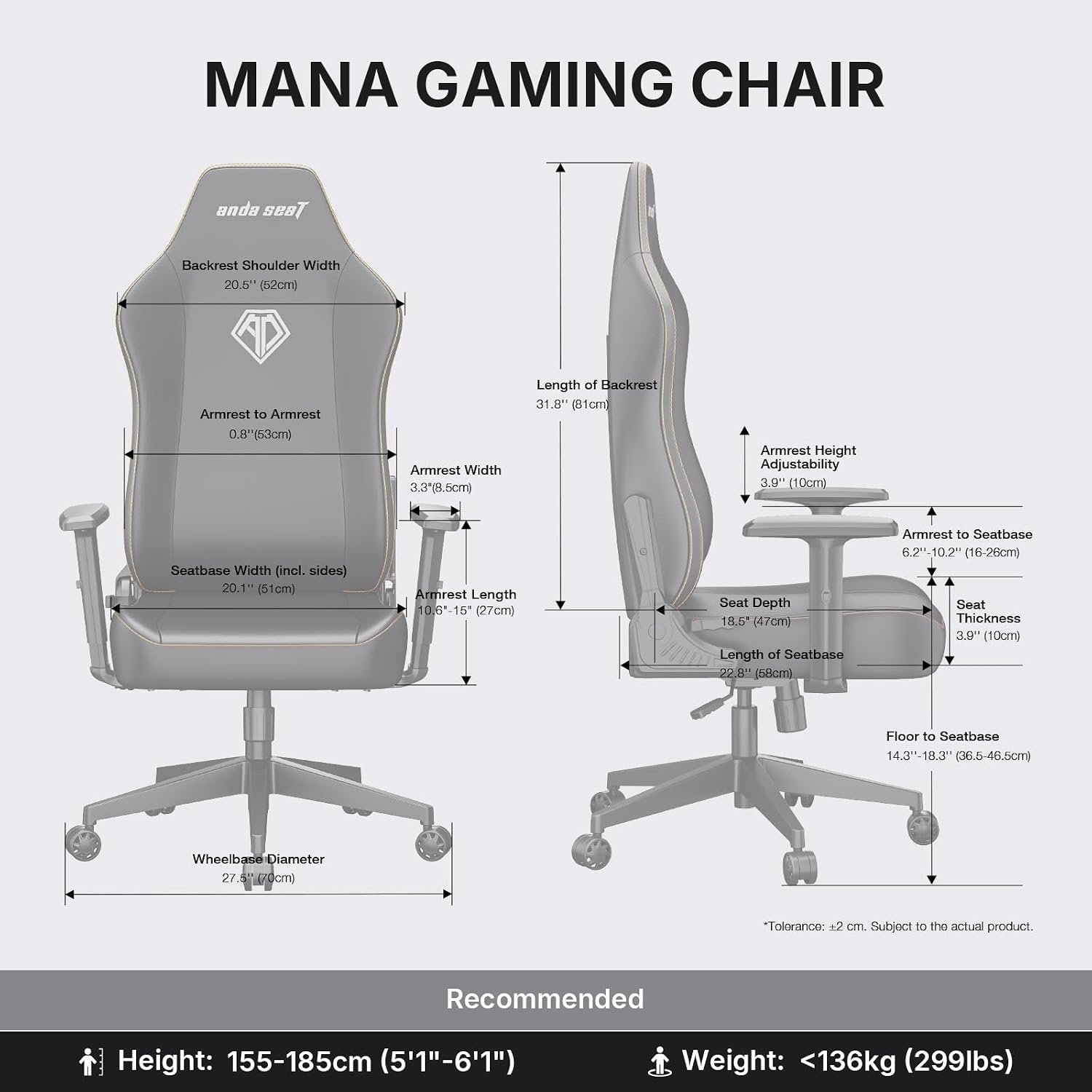 Anda Seat MANA Gaming Chair for Adults - Ergonomic Black Leather Game Chairs with Adjustable Armrest, Comfortable Office Chair with Lumbar Support, Heavy Duty Wide Computer Seat for Home & Work
