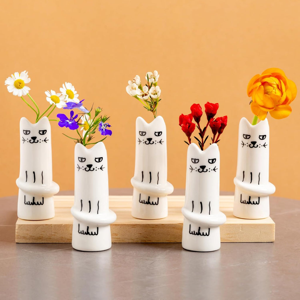 MOUGIGI Set of 5 Cat Flower Vase Bud Ceramic Small Cute Mini Handmade Decor - Unique Modern Tiny Wedding Party Birthday Gift - Bulk Trendy Pretty Little Vases