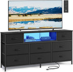 SONGMICS BELLAH Collection - Dresser for Bedroom with Outlets and LED Lights, TV Stand for TVs Up to 65 Inches, Chest of Drawers, 8 Drawers, Steel, Modern, Ink Black ULGS434BH02S