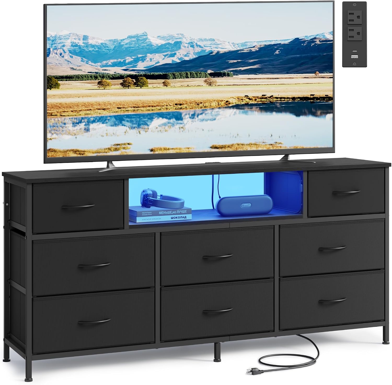 SONGMICS BELLAH Collection - Dresser for Bedroom with Outlets and LED Lights, TV Stand for TVs Up to 65 Inches, Chest of Drawers, 8 Drawers, Steel, Modern, Ink Black ULGS434BH02S