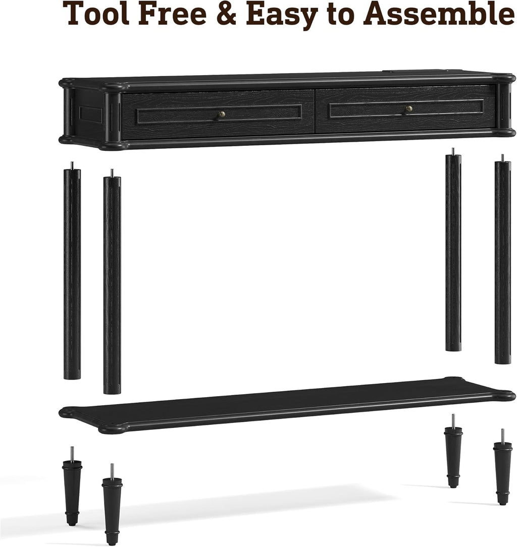 Solid Wood Console Table for Entryway with Charging Station,Retro Entryway Table with 2 Drawers-Easiest Assembly,Sofa Table with Bottom Shelf,Narrow Long Couch Table Behind Sofa for Living Room,Foyer