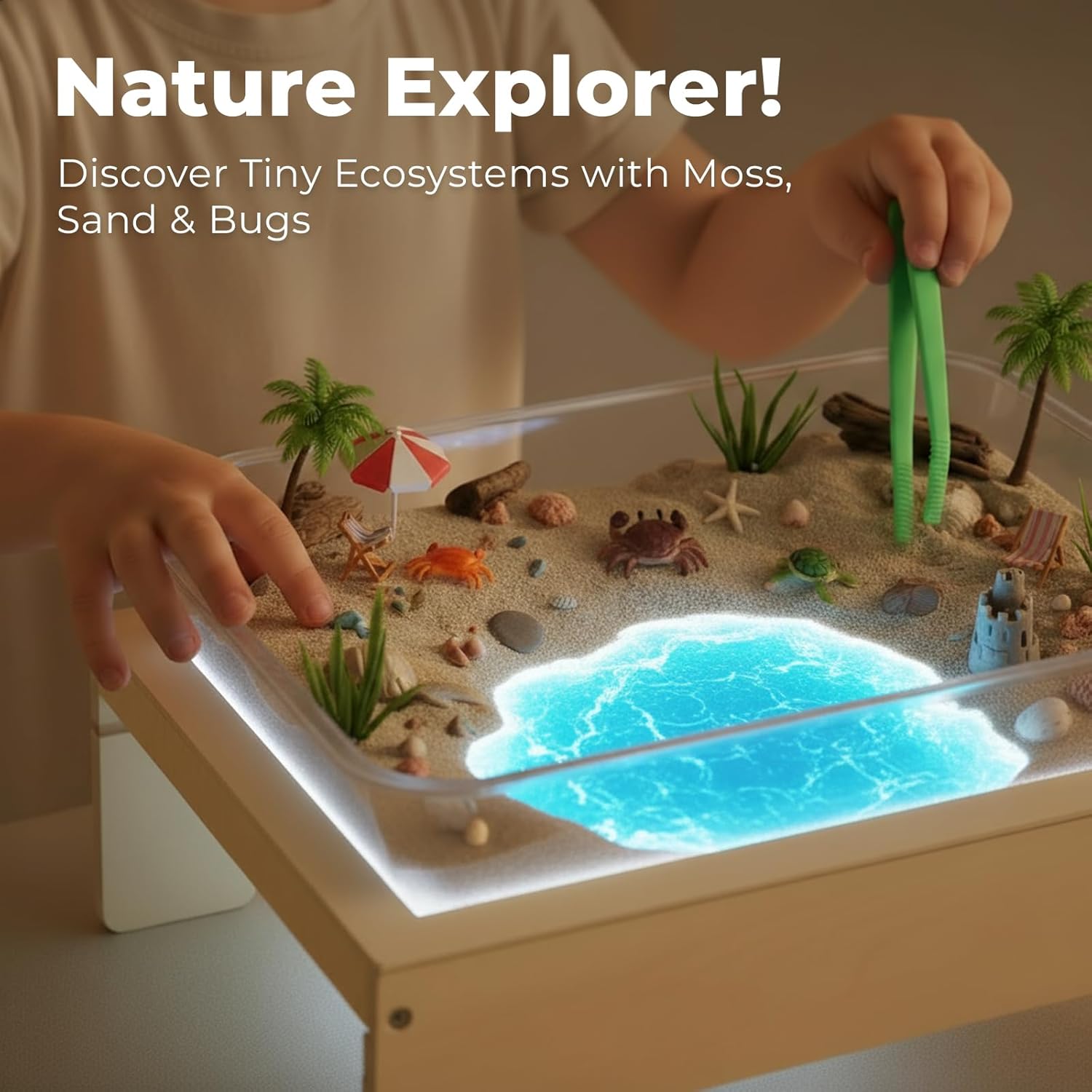 bopoobo Light Table for Kids -Sand Painting Light Box All-in-One Sandbox Alternative with Tracing Light Box, 10 Dimming Levels & 50+ Pieces(USB)