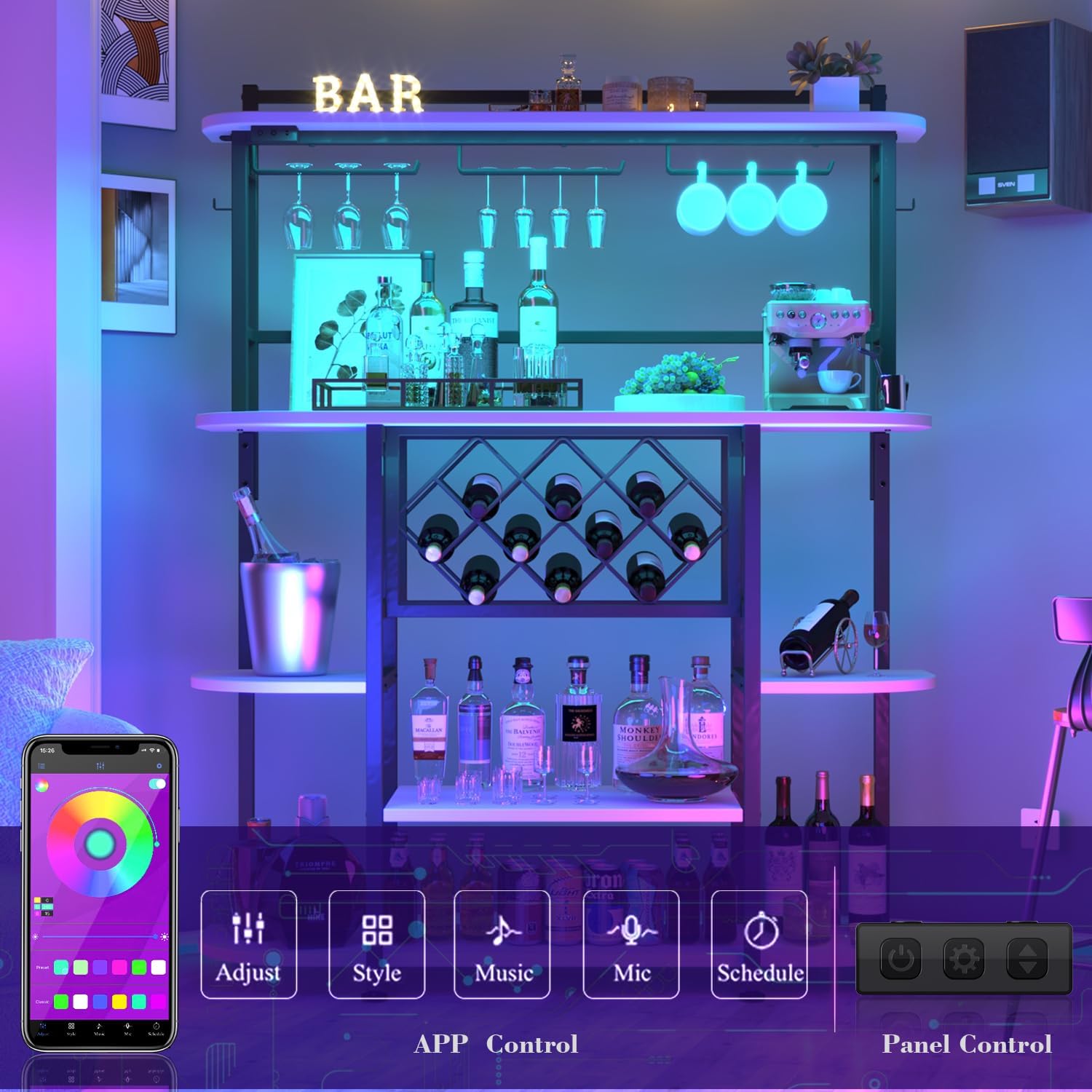 ROCHECASA Wine Rack with LED Light, Bar Table Cabinet with Glass Holder, Freestanding Coffee Bar Storage Shelves, 6-Tier Liquor Cabinet for Kitchen, Dining Room, Living Room,Grey 43.3"