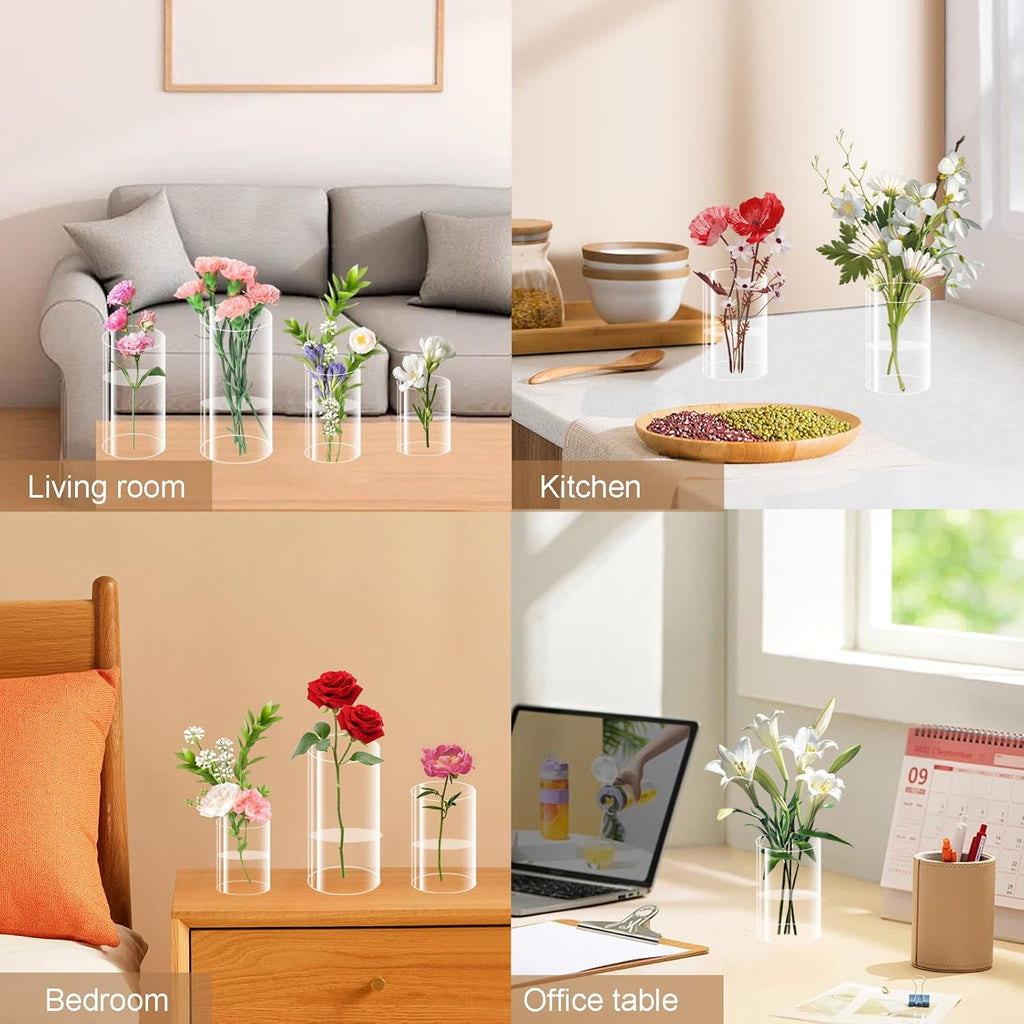 12 Pack Plastic Cylinder Vases, 4 6 8 10 Inch Tall Acrylic Cylinder Clear Flower Vase Set Bulk Glass Like Large Round Plastic Vases for Centerpiece Wedding Home Office (12)