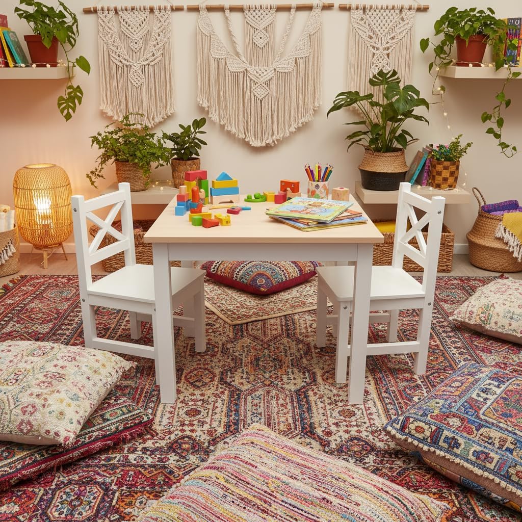PETIT BATEAU Wood Kids Table & 2 Chairs,Irish Design,Ages 2-8,Whitecolor | Solid Wood Toddler Kids Table and 2 Chairs Set,Modern Wooden Furniture
