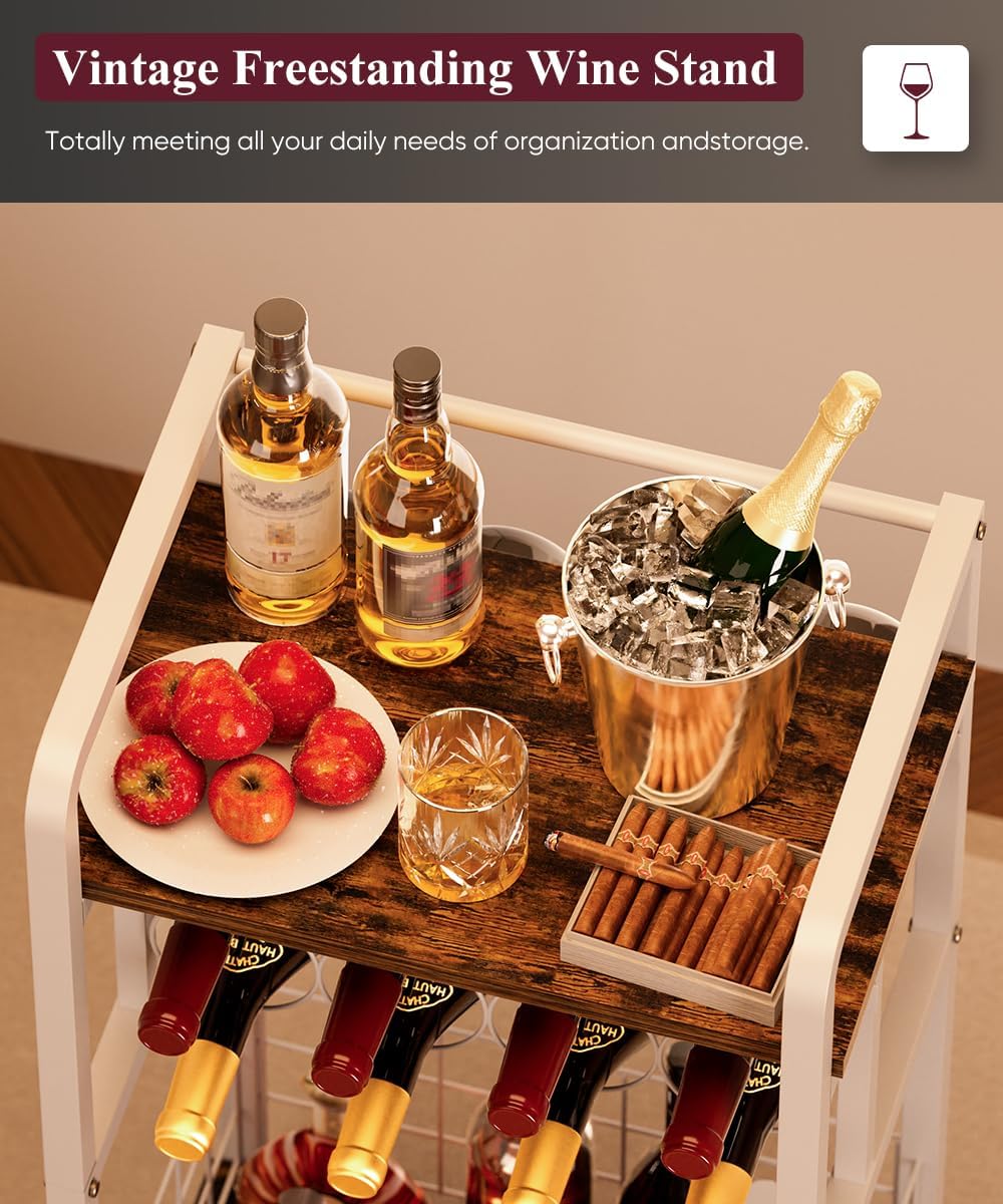 3-Tier Wine Rack Freestanding Floor with Wood Top, Liquor Stand with Wine Bottle Holder, Corner Wine Bar Table for Small Space, Metal Whiskey Shlef for Kitchen, Cellar, Living Room, White