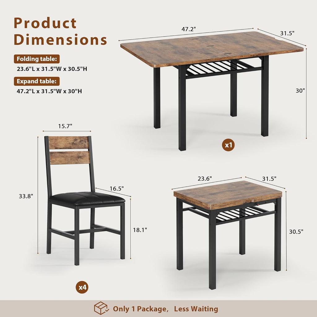 MapleGrace Dining Table Set for 4, Extendable Kitchen Table with 4 PU Leather Upholstered Dining Room Chairs, Wood Kitchen Table Set with Built-in Storage Rack for Dining & Small Spaces, Rustic Brown