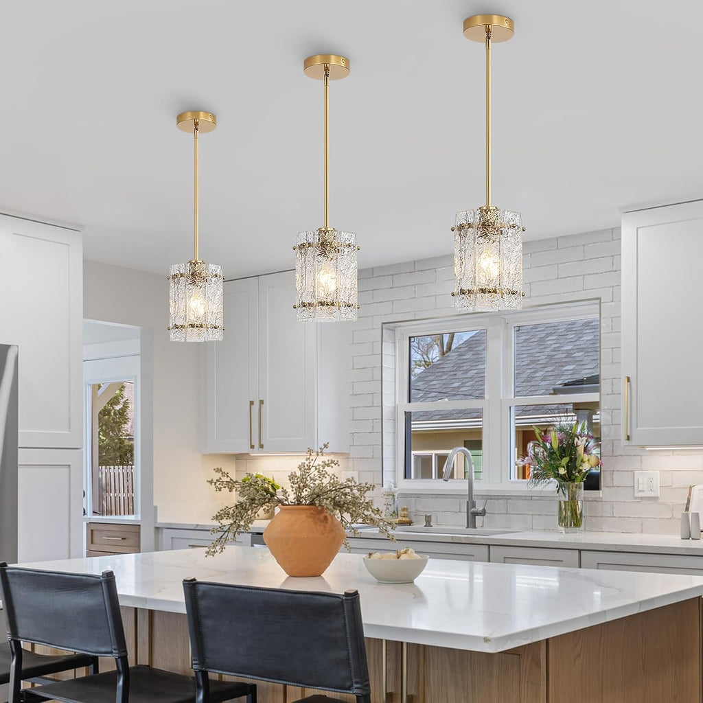 Gold Glass Pendant Lights Kitchen Island, Water Ripple Round Pendant Lights Adjustable Modern Hanging Pendant Light Fixtures for Kitchen Island Dining Room Above Sink Foyer Entryway 1 Pack