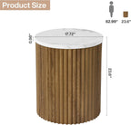 23.6-inch Round Side Table with Faux Marble Top, Drum Shape & Fluted Base - Stylish Small Nightstand for Living Room & Bedroom Decor Brown & White