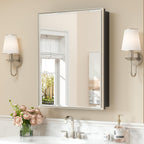 Keonjinn 24" x 30" Medicine Cabinets with Mirror for Bathroom, Brushed Nickel Recessed or Surface Wall-Mounted Aluminum Alloy Framed Beveled Mirror, Farmhouse Bathroom Mirror with Storage Cabinet