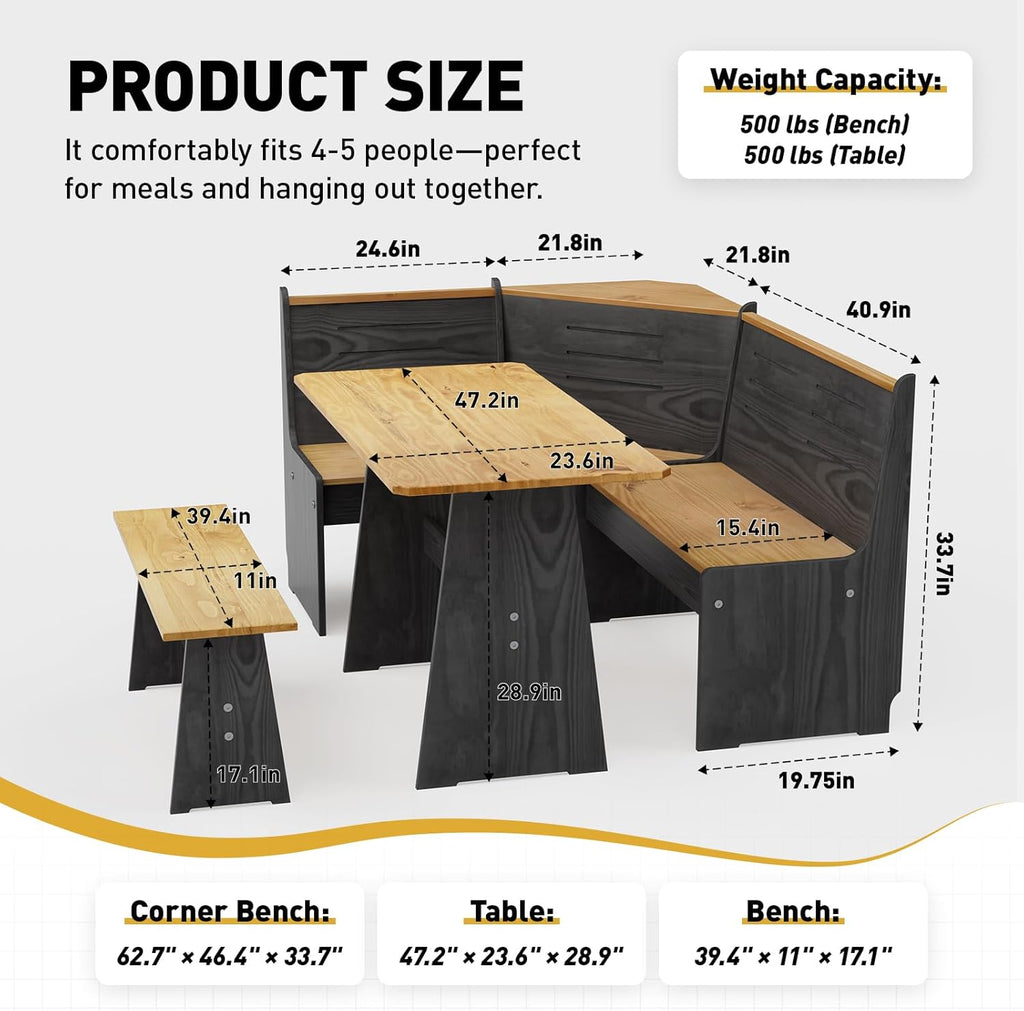 Kitchen Breakfast Nook Table Set - Solid Wood Corner Bench Dining Set for 4-6 People, L Shaped Bench for Dinner Room, Space Saving Kitchen Booth Seating with Table for Small Space, Ink Black