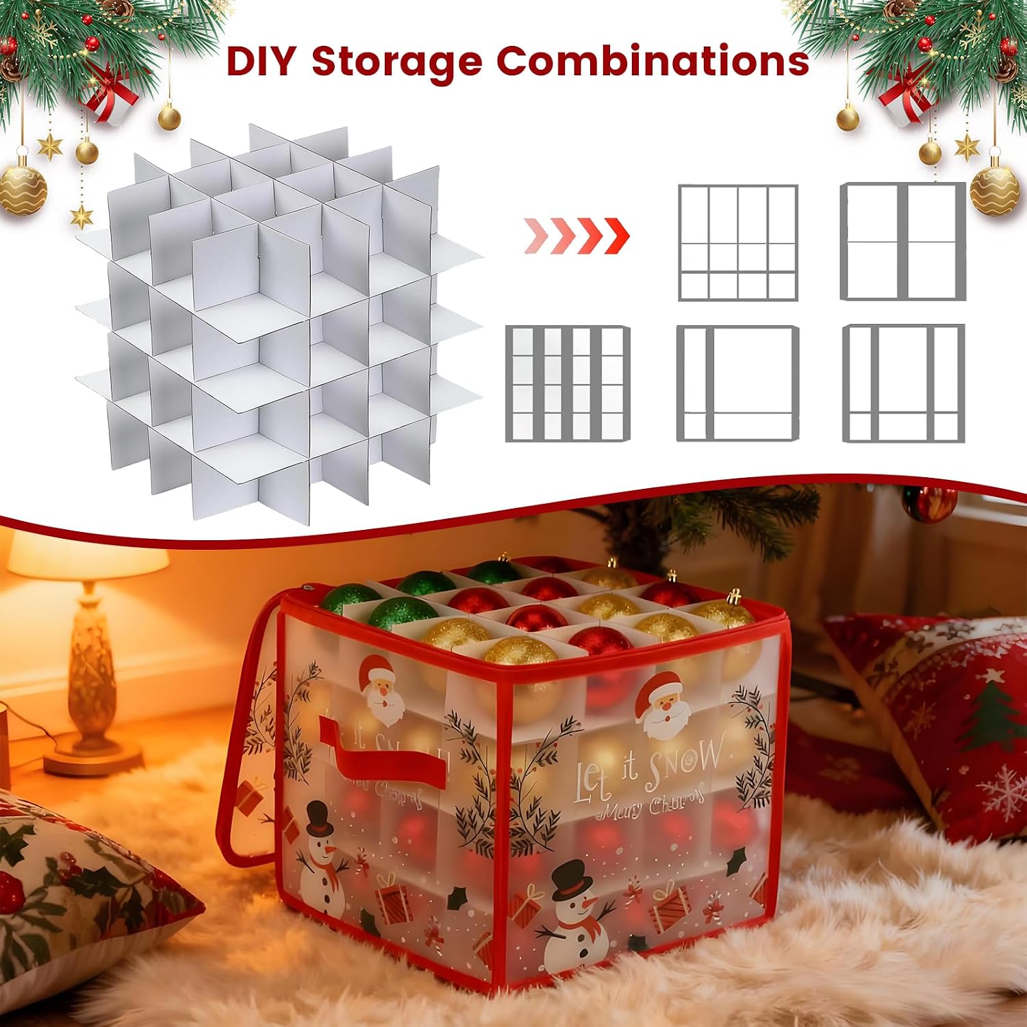 Christmas Ornament Storage Box, Christmas Ball Container with Dividers for 64 Balls, Space-Saving Holiday Decor Organizer Xmas Ornaments Box (Red)