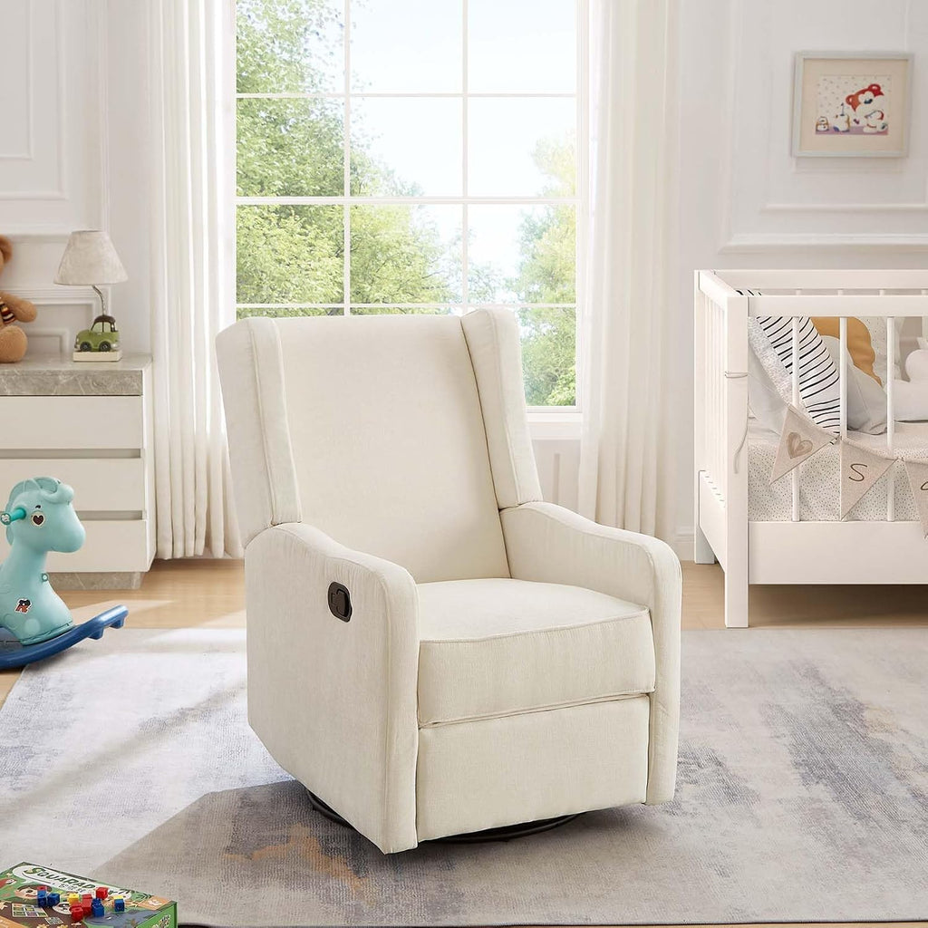 360° Swivel Nursery Glider Recliner Chair, Comfy Upholstered Rocker Recliners for Adults, Modern Ergonomic Nursing Rocking Chair with Footrest and Wingback for Living Room, Bedroom, Lounge, Beige