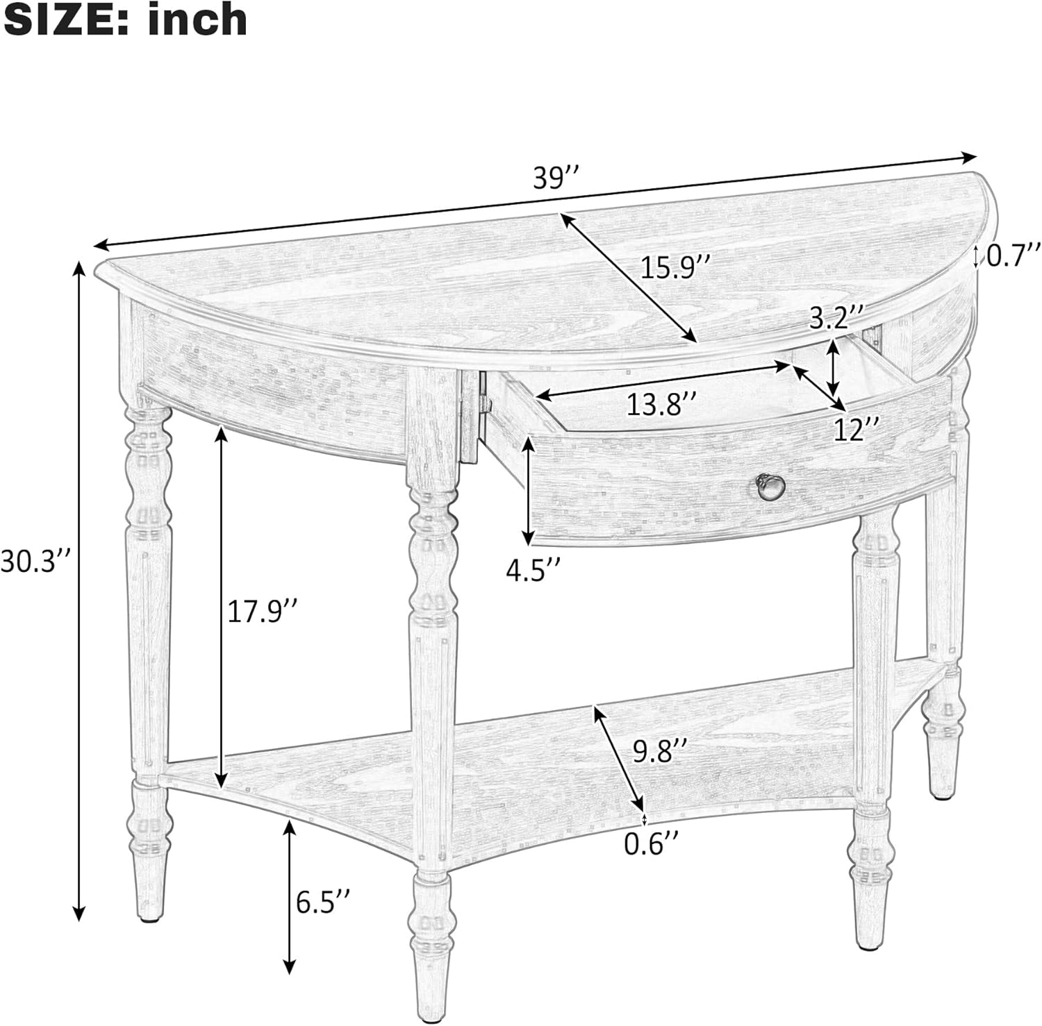 LUMISOL Rustic Console Table with Drawer and Shelf, Half Moon Sofa Table Behind Couch for Living Room, Farmhouse Accent Table for Entryway Hallway Foyer, Black