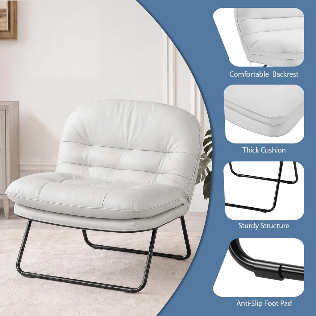 DUMOS Comfy Saucer Chair,PU Leather Foldable Chairs for Bedroom, Living Room, Dorm & Gaming, Small Foldable Fashion Floor Chair with Back Support for Small Spaces Adults, Snow White