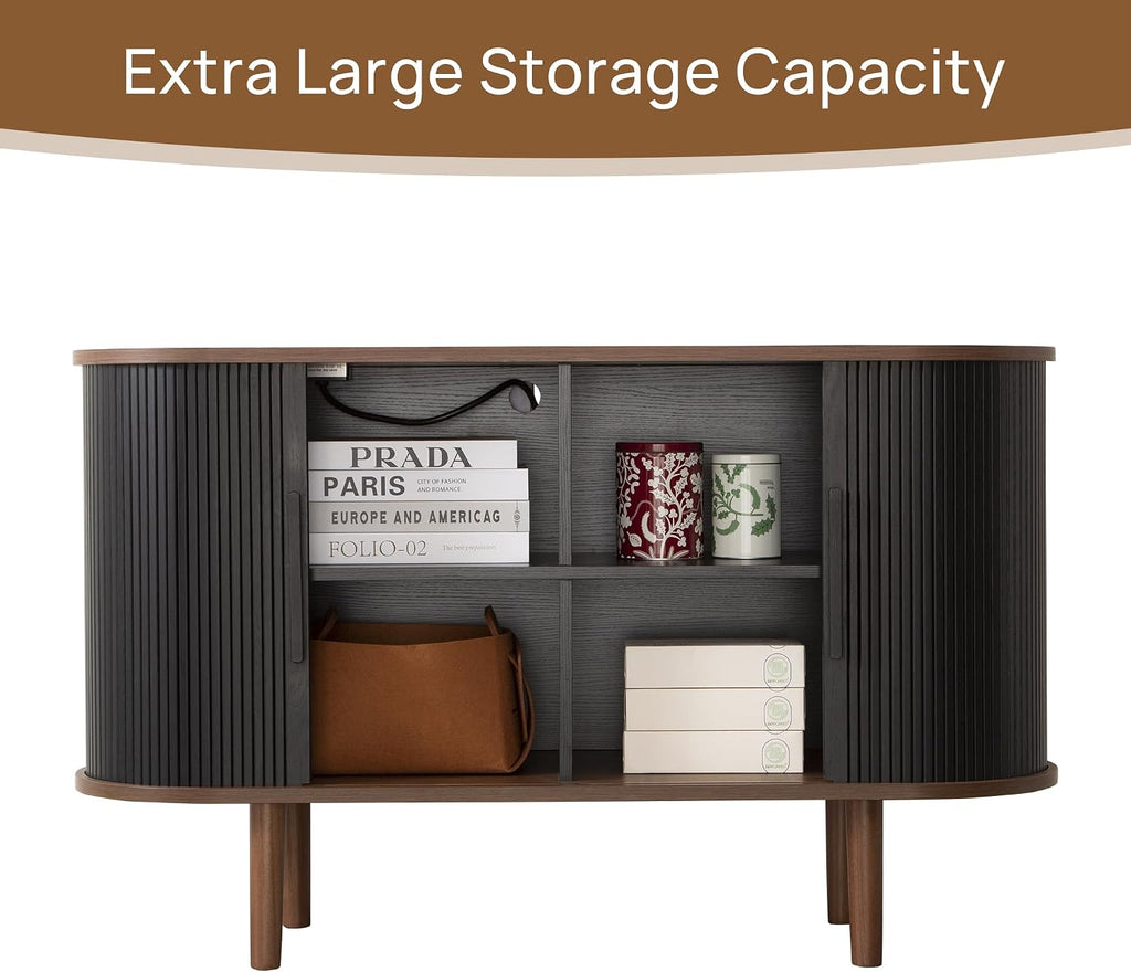 47" Modern Buffet Cabinet with Charging Station, Mid-Century Fluted Sideboard Table, Rounded Console with Storage & USB/Type-C Ports for Dining Room Kitchen Coffee Bar, Black