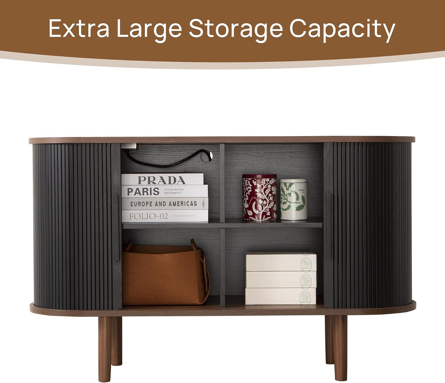 47" Modern Buffet Cabinet with Charging Station, Mid-Century Fluted Sideboard Table, Rounded Console with Storage & USB/Type-C Ports for Dining Room Kitchen Coffee Bar, Black