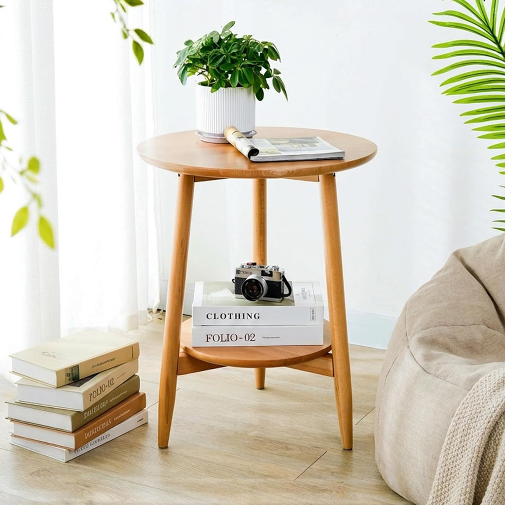 Side Table, Small Round End Table with 2-Tier Shelf, Solid Wood Nightstand for Living Room Bedroom, Mid Century Modern Accent Table for Small Spaces, Natural 19.49" D x 24.02" H