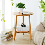 Side Table, Small Round End Table with 2-Tier Shelf, Solid Wood Nightstand for Living Room Bedroom, Mid Century Modern Accent Table for Small Spaces, Natural 19.49" D x 24.02" H