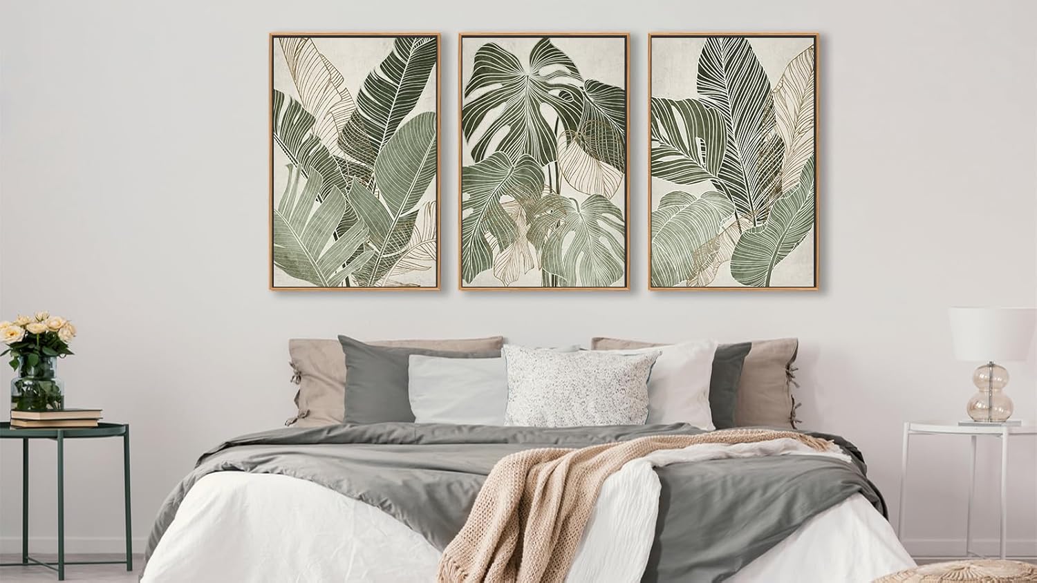 Large Framed Canvas Wall Art - Natural Float Framed Green Plantain Leaves Pictures Decor Brown Leaf Lines Painting Prints Rustic Botanical Artwork for Bedroom Living Room Decoration 60" X 28" Set of 3
