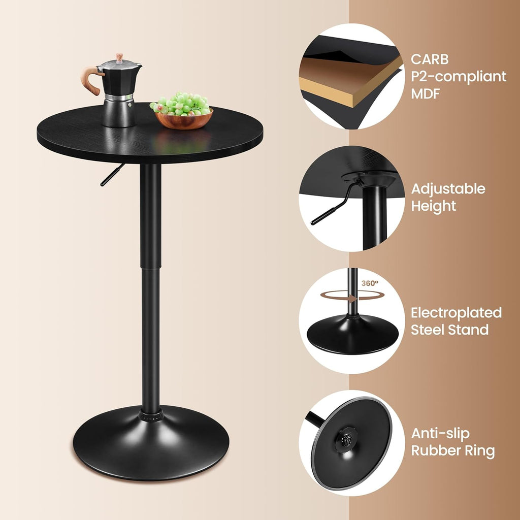 Yaheetech Round Bar Table, Adjustable Height and 360° Swivel Bar Tables, Cocktail Table with MDF Top, Black Leg Base for Bar, Bistro, Café, Full Black