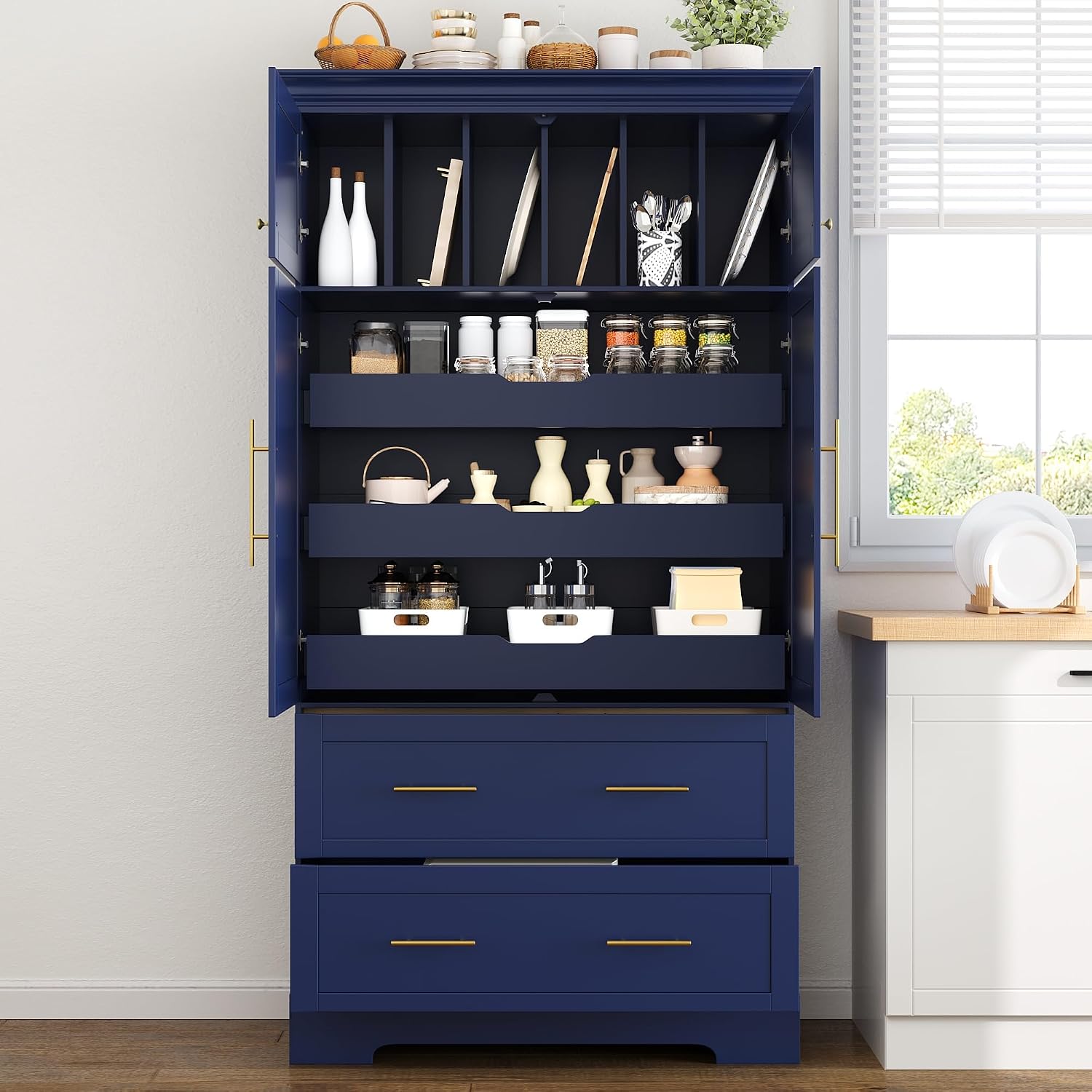Farmhouse Kitchen Pantry Cabinet, Tall Freestanding Cupboard with Pull-Out Trays, Drawers and Cake Pan Storage Organizer for Kitchen, Dining Room (Blue)