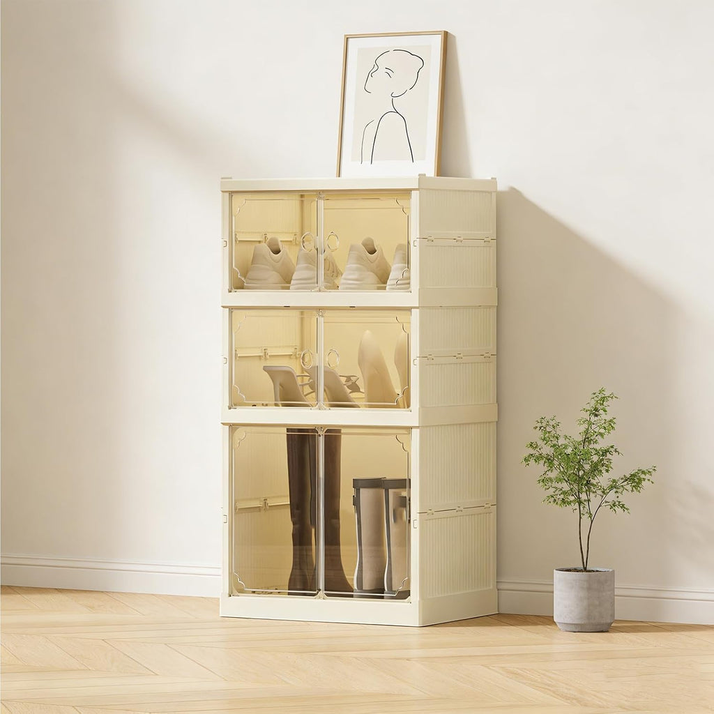 3Tier Foldable Shoe Rack Organizer for Closet,6Pairs Collapsible Plastic Shoe Shelf,Large Shoes Cabinet with Door,Clear Stackable Storage Box Easy Assembly,for Living Room(3Tier6Pairs Cream White)