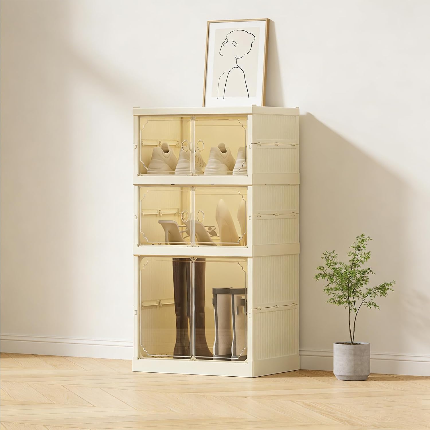 3Tier Foldable Shoe Rack Organizer for Closet,6Pairs Collapsible Plastic Shoe Shelf,Large Shoes Cabinet with Door,Clear Stackable Storage Box Easy Assembly,for Living Room(3Tier6Pairs Cream White)