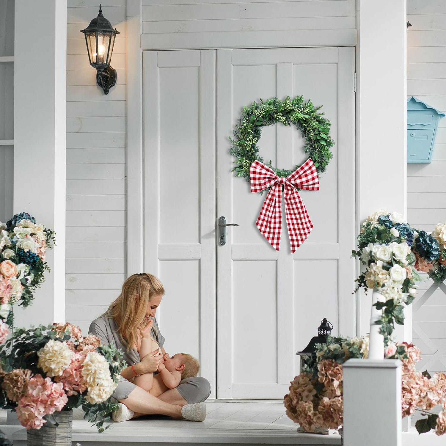 Wreath Sash for Front Door Red White Buffalo Plaid Seersucker Wreath Satin Sash Burlap Garland Ribbon Accessories for Wreath Yard Doorway Indoor Outdoor Bow Bridal Shower Home Decor,5.1 x 54.3