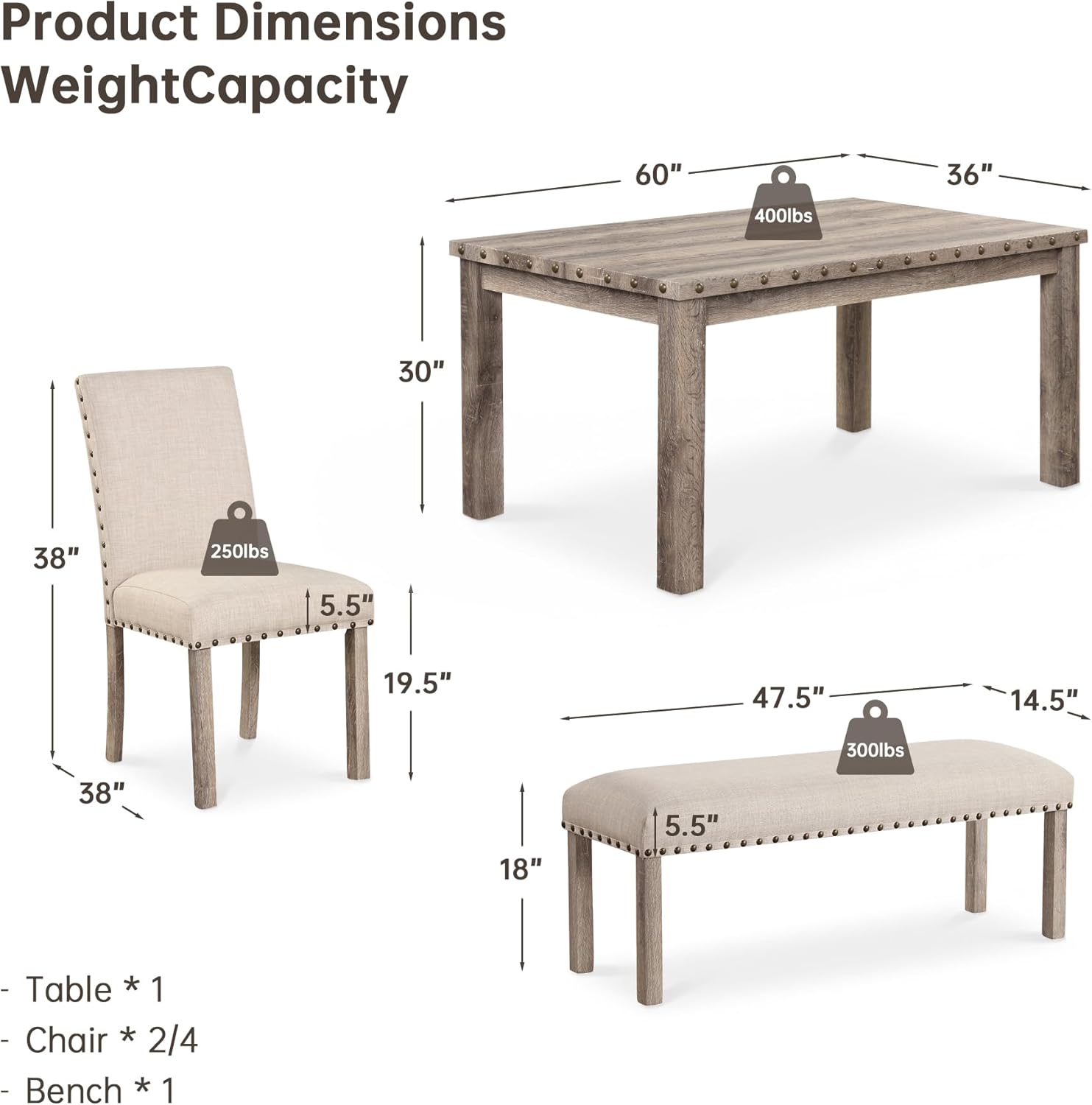 Morden Fort Dining Table Set for 6, Farmhouse Wooden Table & Upholstered Bench & 4 Dining Chairs, Kitchen Dining Set with Nailhead Accents, Rectangular Table Sets for 6 for Kitchen/Dining Room