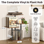 Bikoney Botanical Record Player Stand,Vinyl Record Storage Holder with Plant Stand, Vintage Turntable Stand Table with Record Album Display Shelf,Unique Record Console Cabinet,Mid Century Modern Wood