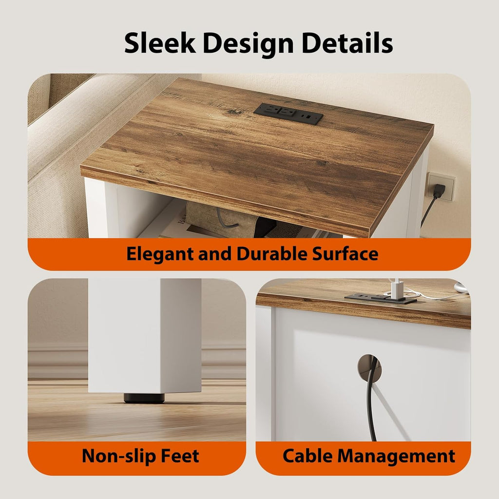 Pipishell Night Stand Set 2, Farmhouse Bedside Table Set of 2 with Open Shelf, Enclosed Cabinet, USB Port & AC Outlet, Wood Side Table with Storage for Bedroom, White and Brown, 2 Pack